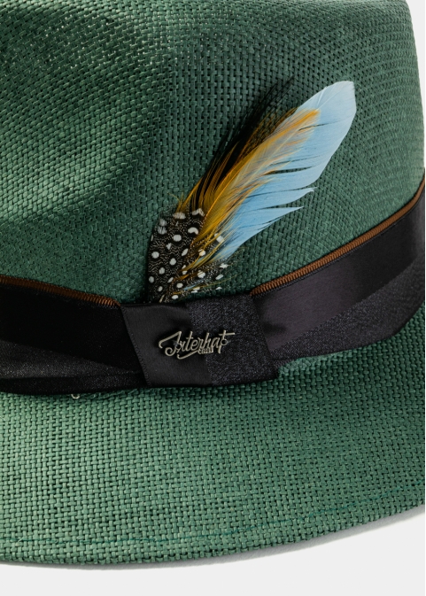 Forest Green Panama Style Hat w/ Black Hatband & Feathers