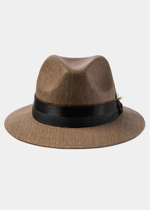 Brown Panama Style Hat w/ Black Hatband & Feathers