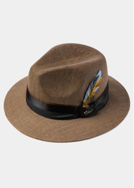 Brown Panama Style Hat w/ Black Hatband & Feathers