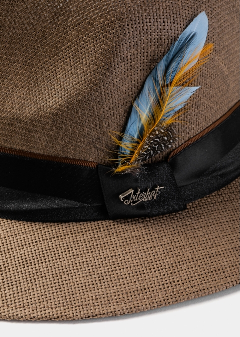 Brown Panama Style Hat w/ Black Hatband & Feathers