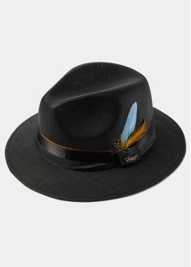 Black Panama Style Hat w/ Black Hatband & Feathers