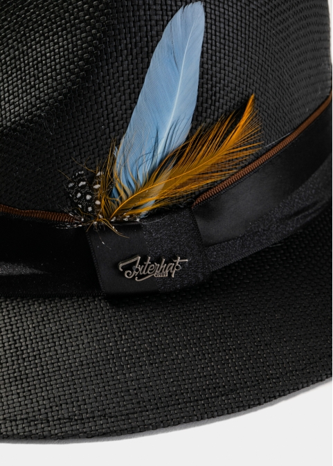 Black Panama Style Hat w/ Black Hatband & Feathers