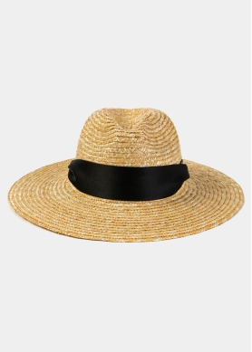 Natural Straw Panama Style Hat w/ Black Neck Tie Ribbon