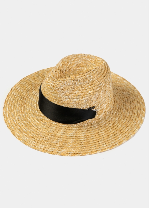 Natural Straw Panama Style Hat w/ Black Neck Tie Ribbon
