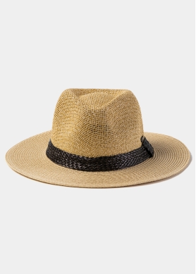 Beige Panama Style Hat w/ Leather Braided Hatband