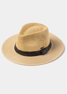 Beige Panama Style Hat w/ Leather Braided Hatband