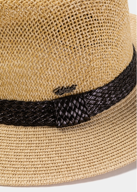 Beige Panama Style Hat w/ Leather Braided Hatband