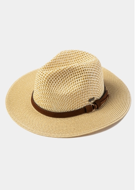 Mixed Beige Panama Style Hat w/ Leather Belt