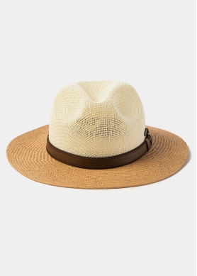 Beige & Brown Panama Style Hat w/ Leather Belt