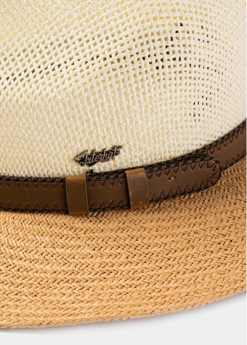 Beige & Brown Panama Style Hat w/ Leather Belt