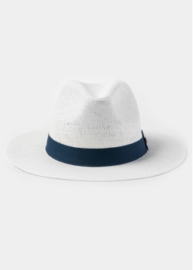 White Panama Style Hat w/ Navy Blue Hatband