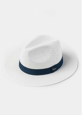 White Panama Style Hat w/ Navy Blue Hatband