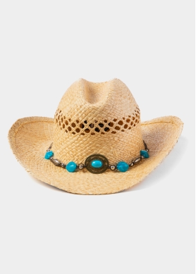 Natural Raffia Cowboy Style Hat w/ Blue Stones