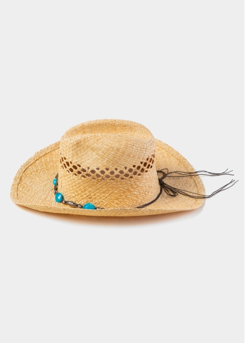 Natural Raffia Cowboy Style Hat w/ Blue Stones