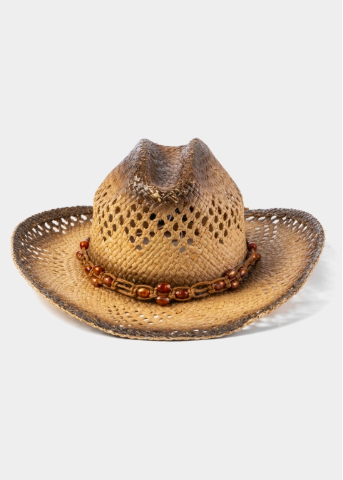 Natural Raffia Cowboy Style Hat w/ Orange Stones