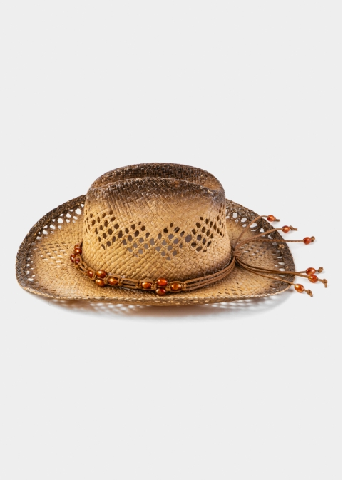 Natural Raffia Cowboy Style Hat w/ Orange Stones