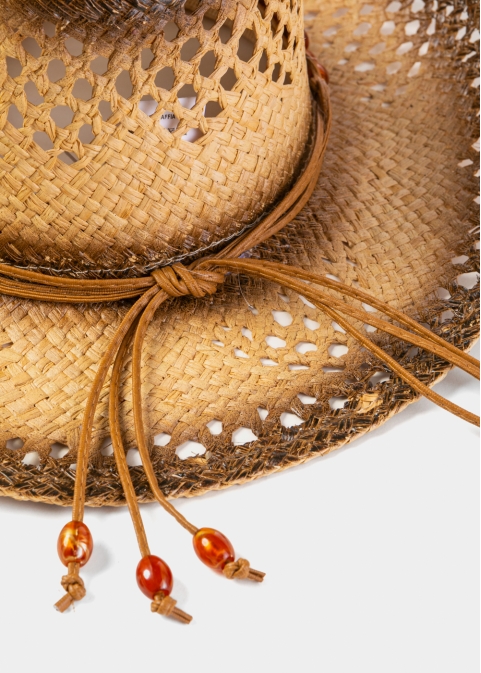 Natural Raffia Cowboy Style Hat w/ Orange Stones
