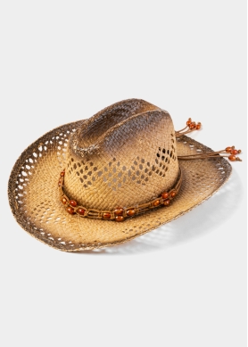 Natural Raffia Cowboy Style Hat w/ Orange Stones