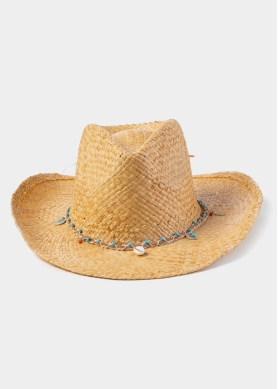 Natural Raffia Cowboy Style Hat w/ Seashells
