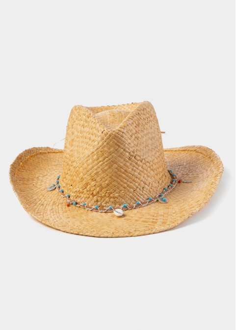 Natural Raffia Cowboy Style Hat w/ Seashells