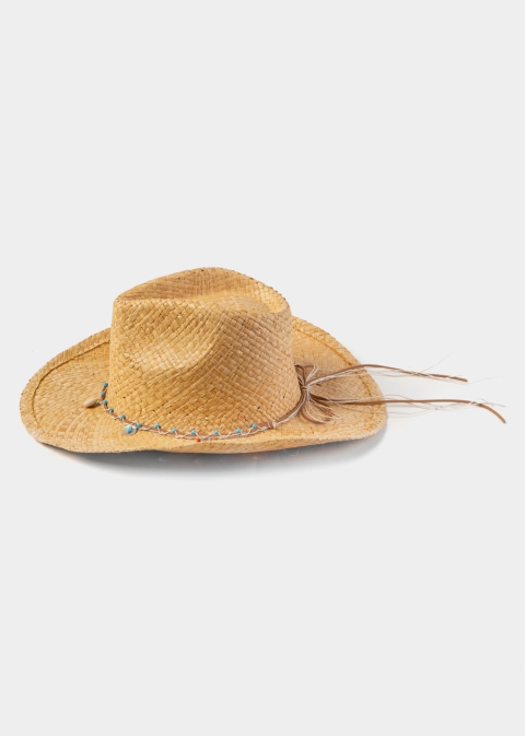 Natural Raffia Cowboy Style Hat w/ Seashells