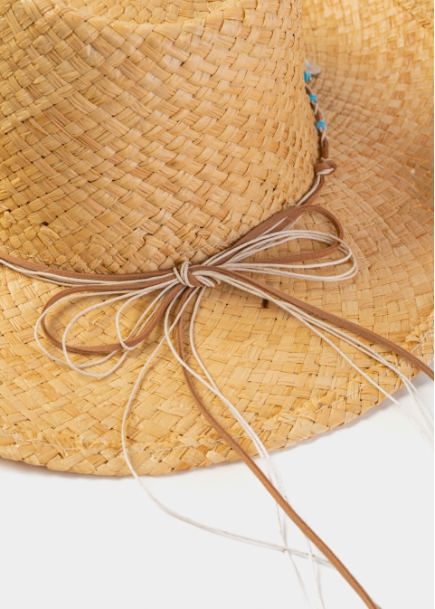 Natural Raffia Cowboy Style Hat w/ Seashells