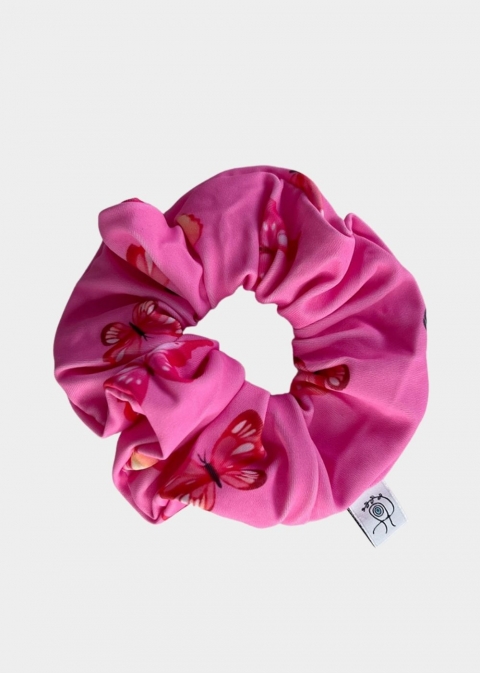 Butterfly Print Shiny Scrunchie Fucshia