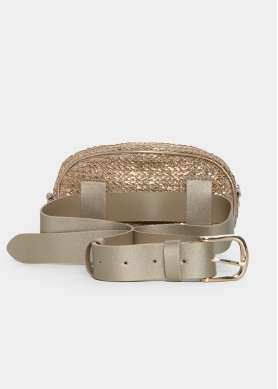 Straw small belt bag in beige gold