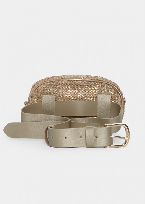 Straw small belt bag in beige gold