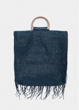 straw bag with fringes in navy blue