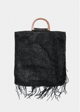 straw bag with fringes in black