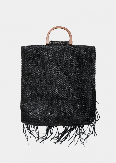 straw bag with fringes in black