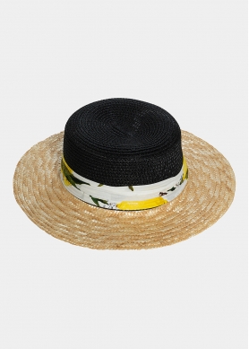 Black & beige straw hat with ribbon