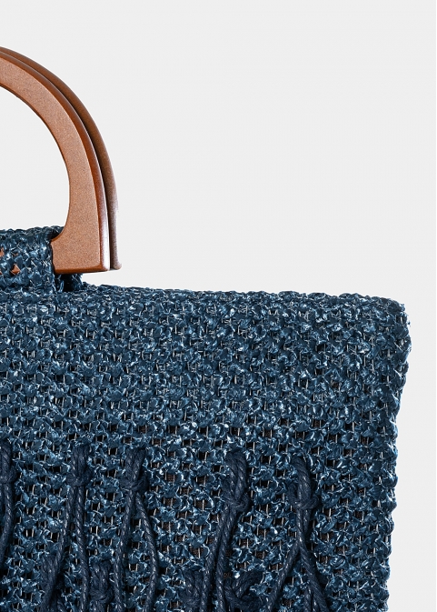 straw bag with fringes in navy blue