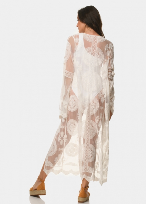 White long-sleeve caftan with circular details