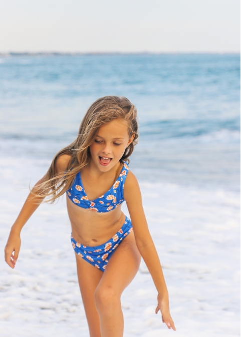 Girls Ribbed Floral Bikini Swimwear - Blue