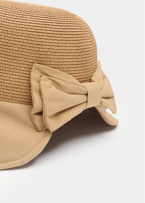 Beige Bucket Cotton & Straw Hat w/ Cotton Bow