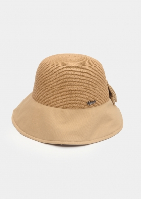 Beige Bucket Cotton & Straw Hat w/ Cotton Bow