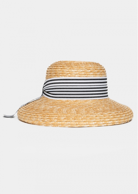 Beige Straw Hat with Black & White Barred Strap