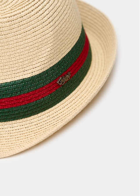 Beige fedora with green & red details
