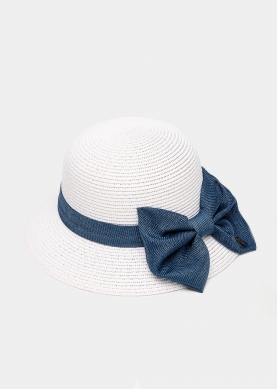 White Straw Hat w/ Navy Blue Bow