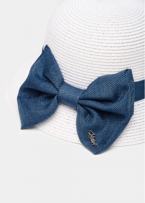 White Straw Hat w/ Navy Blue Bow