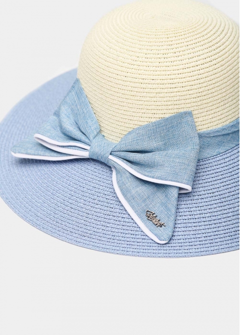 Light Blue & Beige Straw Hat w/ Bow