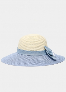 Light Blue & Beige Straw Hat w/ Bow