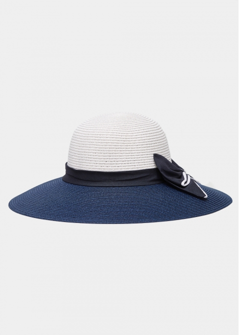 Navy Blue & White Straw Hat w/ Bow