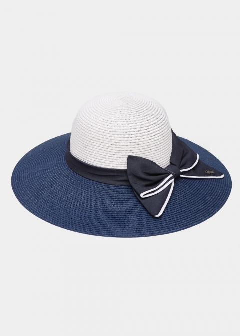 Navy Blue & White Straw Hat w/ Bow