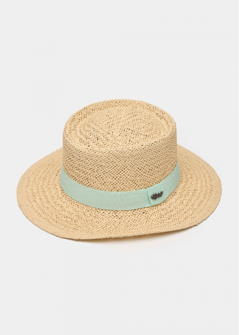 Beige Straw Hat w/ Light Blue Strap