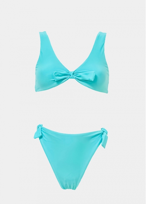 Tie Front High Waisted Bikini Swimwear - Blue