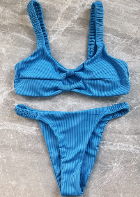 Ribbed Double Twist High Cut Bikini Swimwear - Blue