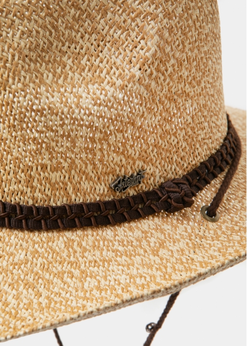 Beige Raffia Cowboy Style Hat w/ brown braided hatband & neck cord